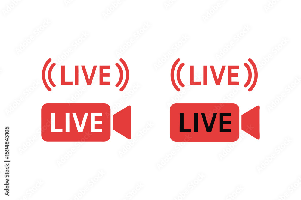Poster two variations of a live stream broadcast icon, red design with camera silhouette and connection wav