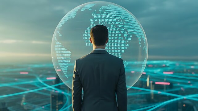 A businessman gazes at a digital globe over a futuristic cityscape