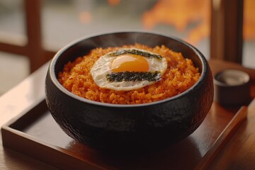 Spicy kimchi fried rice served in a dark bowl.