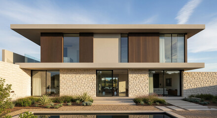 A modern, single-story house with clean lines, neutral tones, and large windows in daylight.