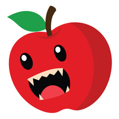 Whimsical cartoon apple with large playful teeth marks and a surprised expression