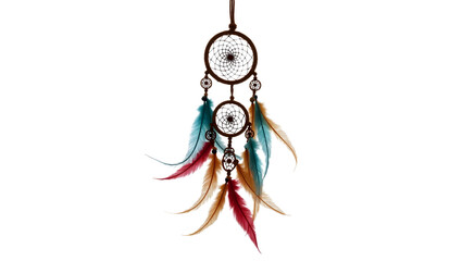 Dreamcatcher with coloruful feathers on white.
