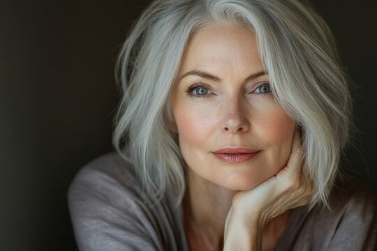 Skincare routine for a mature woman, showcasing her taking care of her skin with grace and elegance. The portrait captures a beautiful older woman with gray hair cleaning her face, Generative AI - Powered by Adobe