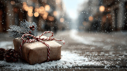 A wrapped gift with a rustic design sits in a serene snowy winter scene.