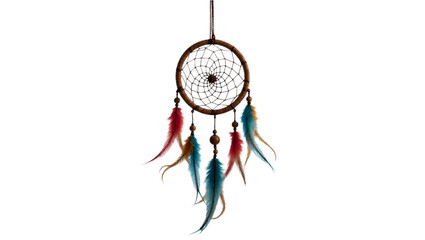 Dreamcatcher with coloruful feathers on white.
