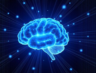 An abstract glowing blue brain scan with a vibrant fractal pattern of electric energy and light