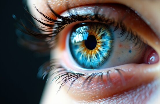Close-up of a human eye with vibrant blue and amber iris and detailed eyelashes