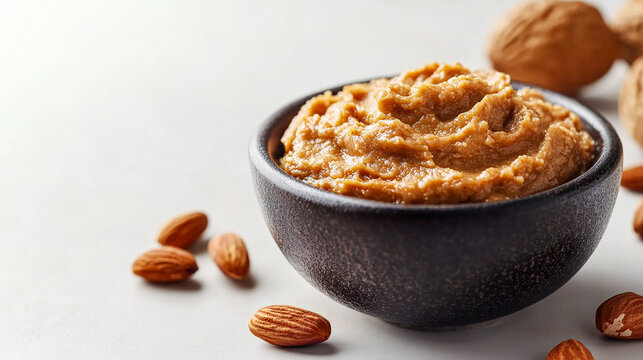 Bowl of creamy pistachio butter and nuts on white background, top view