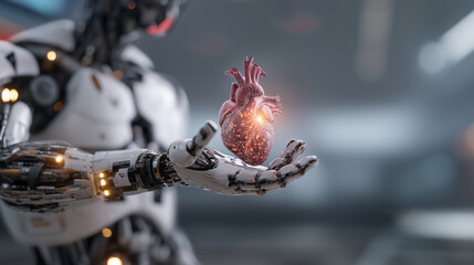 Real heart floating above robot hand.
