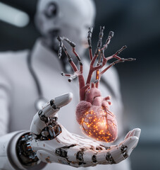 Real heart floating above robot hand.