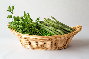 Fresh green beans and peas in woven basket with parsley create vibrant and healthy display