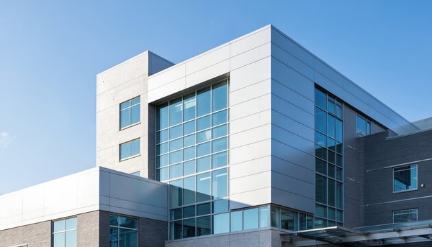 Modern healthcare facility exterior features multi-story medical building with sleek glass windows, facade panels. Clean architecture under clear blue sky suggests innovation, advanced technology in