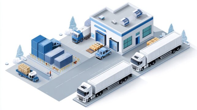 Vector animation style illustration of logistics hub with warehouse, trucks being loaded, containers, clean isometric design