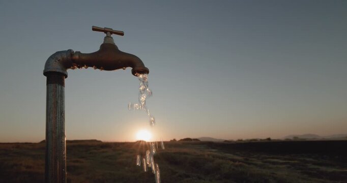 Backlit close-up of water running out at a faucet at sunset