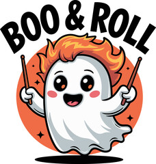 Ghost with fiery hair rocking out, boo and roll phrase, Halloween music pun design, spooky and fun cartoon vector character  