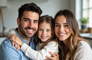 Fototapeta premium A happy family of three smiling together in a bright indoor setting