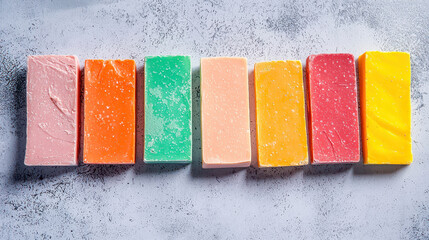 Organic soap bars with vibrant colors arranged in row, showcasing natural textures and appealing aesthetics