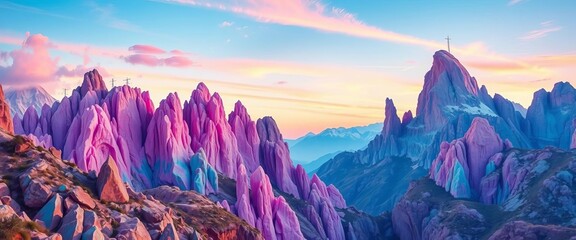 Pastel sky above vibrant crystal mountains, surreal landscape, dreamy, colorful, fantasy art,  graphic,   stock photo