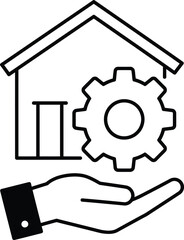 Automated Home Management Illustration Featuring Smart Home Technology and Hand Holding Gear, symbolizing advanced home automation