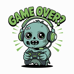 Green space gamer with headset, game over phrase, cute alien holding controller, fun gaming themed vector art  