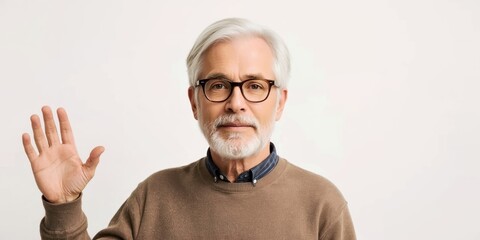 Elderly gray-haired man with glasses wearing brown sweater raising hand greeting friendly isolated white background casual expression communication concept