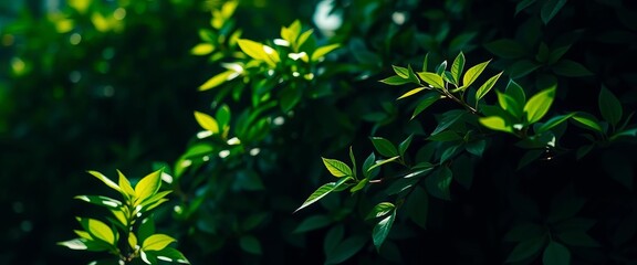 Soft, diffused green light illuminating dark green and light yellow foliage,  delicate,  spring