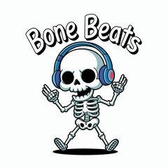 Grooving skeleton listening to tunes, bone beats artwork, Halloween party theme, fun and cool skeleton cartoon design  