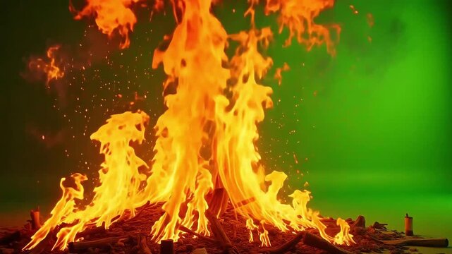 Roaring flames dance against a vibrant green screen backdrop creating a dynamic fire element for visual effects.