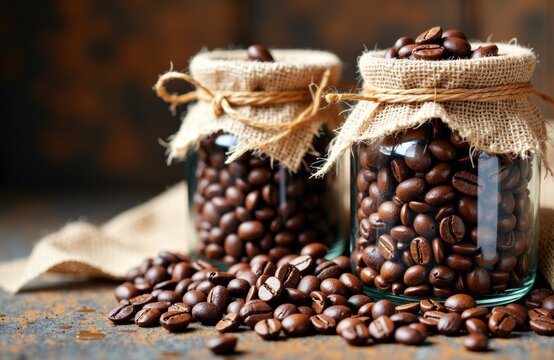 Rich jars filled with roasted coffee beans with some beans spilled on rustic surface