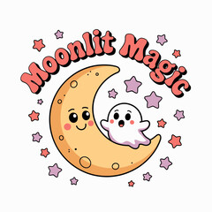 Adorable ghost sitting on crescent moon, moonlit magic text, stars surrounding, magical Halloween night cartoon illustration  
