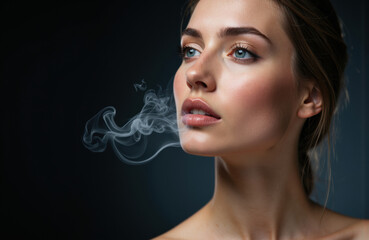 Fototapeta premium Woman with clear skin and blue eyes exhaling smoke against a dark background