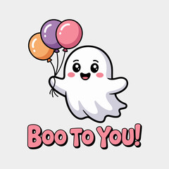 White ghost waving with balloon bunch, boo to you phrase, Halloween hello, playful cartoon friendly spirit illustration  