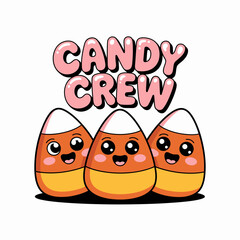 Group of smiling candy corns lined up, candy crew slogan, sweet treat squad, Halloween sugar team cartoon vector design  