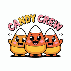 Three candy corn friends as candy crew, happy faces together, Halloween snack squad, festive character collection vector  