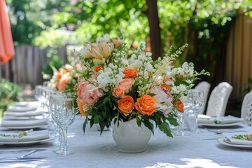 Festive wedding table setting with flowers at a small reception in the backyard during the summer, celebrating love and joyful family gatherings, Generative AI