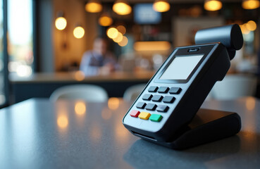 Contactless payment terminal on a table in a modern cafe setting