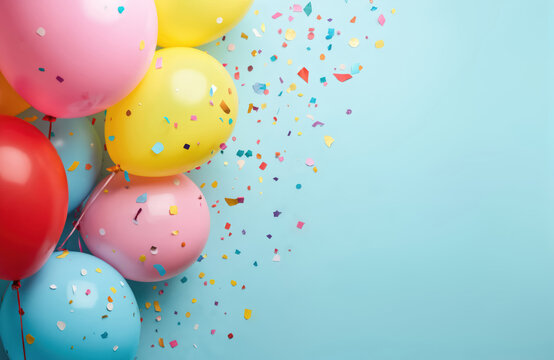 Brightly colored balloons, confetti on festive light blue background. Includes pink, yellow, red, blue balloons. Perfect for birthday cards, invitations, party decorations, celebratory graphic - Powered by Adobe
