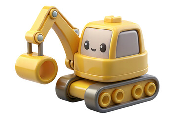 Cute cartoon yellow toy excavator with a friendly face isolated on transparent background