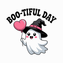 Adorable ghost holding heart balloon with witch hat, boo-tiful day message, cheerful Halloween spirit cartoon vector  