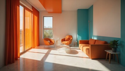 Fototapeta premium Modern living room with vibrant orange furniture and teal walls. Features minimalist design, natural light from large windows, and clean lines. Offers stylish and comfortable space with retro feel.