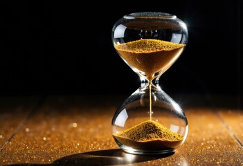 Elegant glass hourglass with golden sand flowing in a dark setting