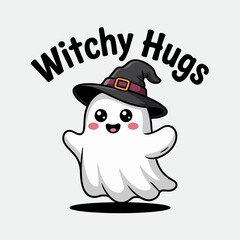 Wave from a cute ghost in a classic purple hat, witchy hugs heading, magical comfort spirit cartoon clipart  