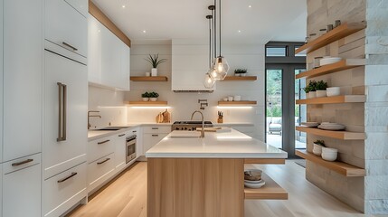 Modern galley kitchen with clean white panels, light stone slab counters, minimalist oak island with floating shelves, and two parallel pendant lights.