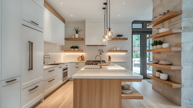 Modern galley kitchen with clean white panels, light stone slab counters, minimalist oak island with floating shelves, and two parallel pendant lights.