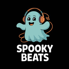 Bright white ghost with headphones floating and hand raised, spooky beats below in bold white, Halloween rhythm design  