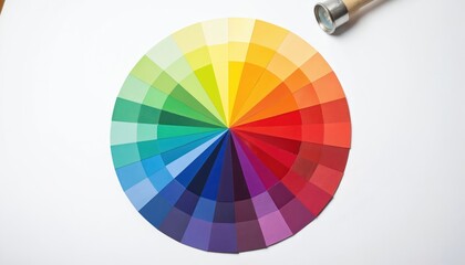 Obraz premium Colorful color wheel chart on white surface, displaying rainbow spectrum of shades. Sections arranged radially, showing design elements, CMYK swatches, paint samples for printing. Tool for artists,