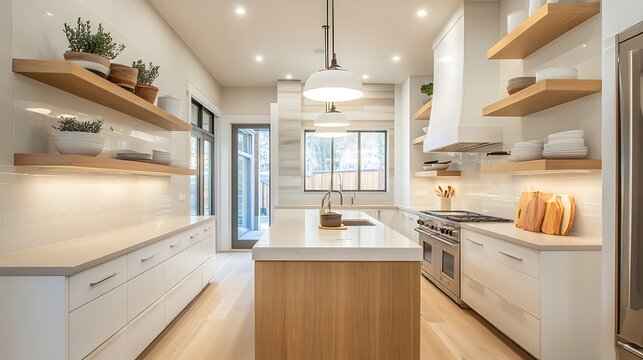 Modern galley kitchen with clean white panels, light stone slab counters, minimalist oak island with floating shelves, and two parallel pendant lights.