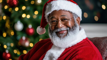 Santa Claus smiling warmly in festive setting with Christmas tree in background, spreading joy and cheer