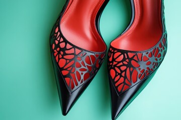 Close-up of black high-heeled shoes with intricate designs.