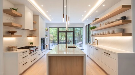 Modern galley kitchen with clean white panels, light stone slab counters, minimalist oak island with floating shelves, and two parallel pendant lights.